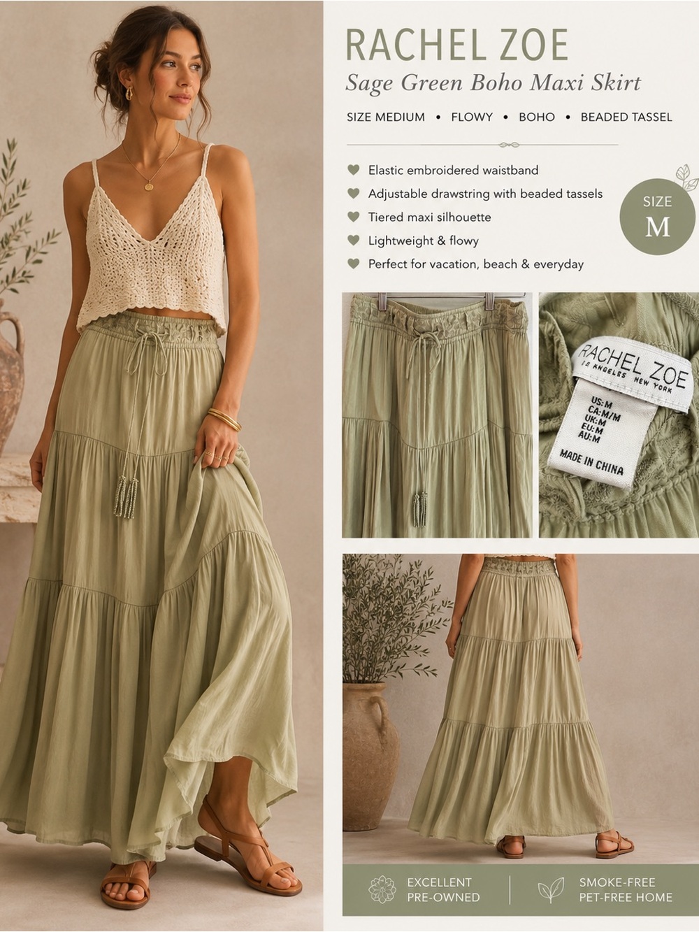 Rachel Zoe Sage Green Tiered Boho Maxi Skirt